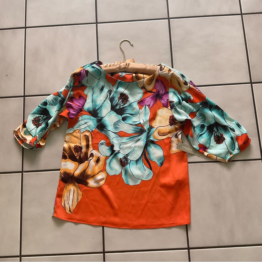 Chico’s tropical iris boat neck 3/4 sleeve top SZ 0